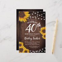 Rustic Sunflower Surprise 40th Birthday Invitation