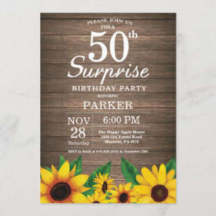 Rustic Sunflower Surprise 50th Birthday Invitation