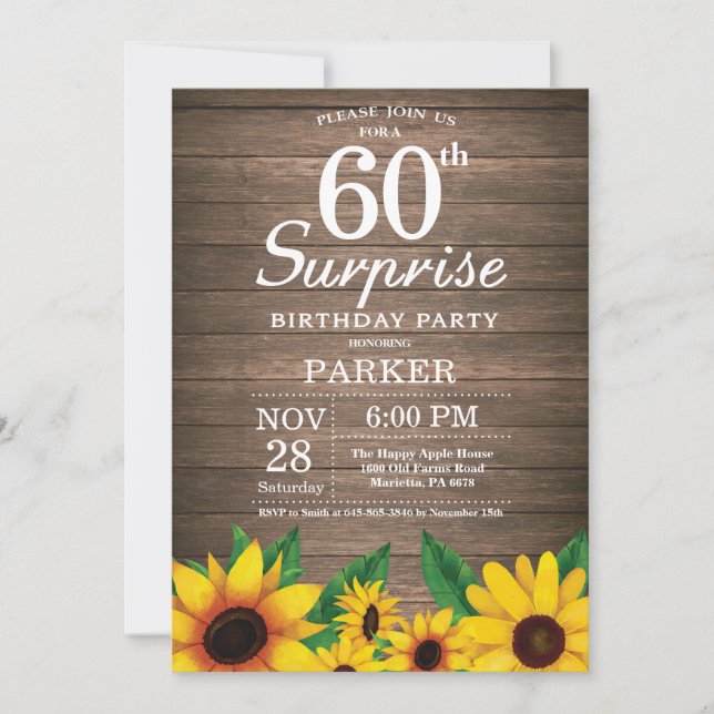 Rustic Sunflower Surprise 60th Birthday Invitation (Front)