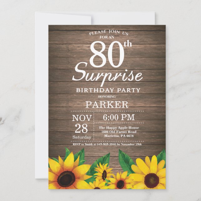 Rustic Sunflower Surprise 80th Birthday Invitation (Front)