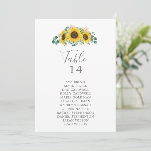 Rustic Sunflower Table Number Seating Chart Cards (Standing Front)