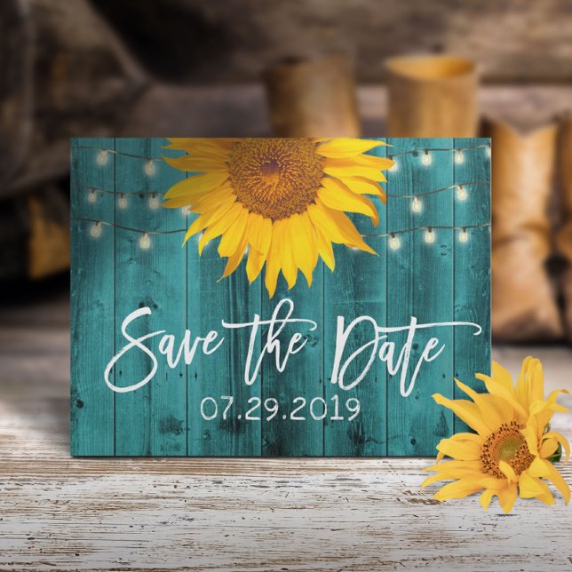 Rustic Sunflower Teal Barn Wedding Save the Date Announcement Postcard (Creator Uploaded)