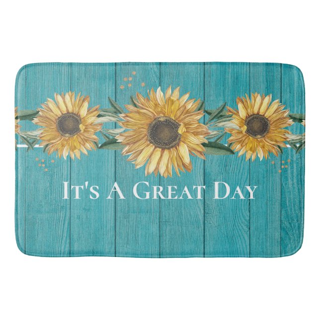 Rustic Sunflower Teal Blue Barn Wood country Bath  Mat (Front)