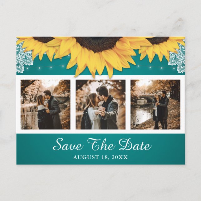 Rustic Sunflower Teal Wedding Photo Save The Date Announcement Postcard (Front)