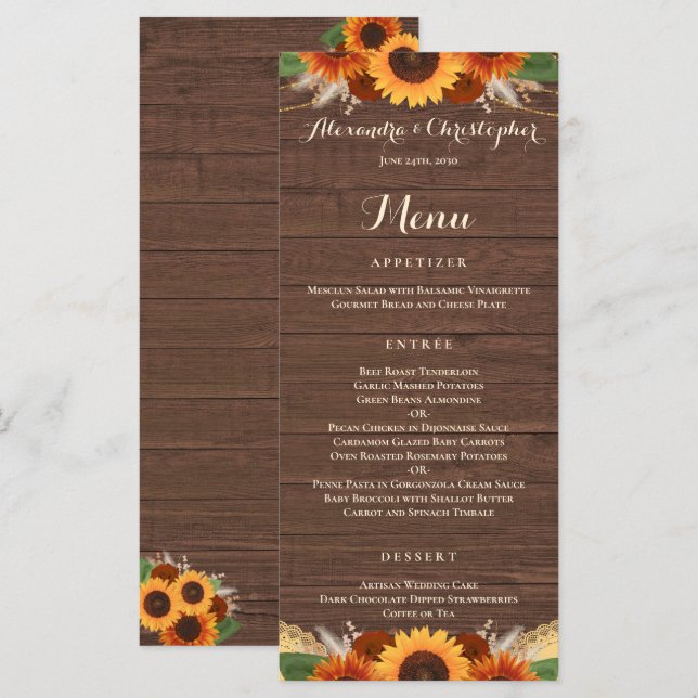 Rustic Sunflower Terracotta Roses Boho Wedding Menu (Front/Back)