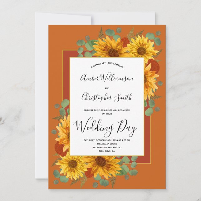 Rustic Sunflower Terracotta Roses Country Wedding Invitation (Front)