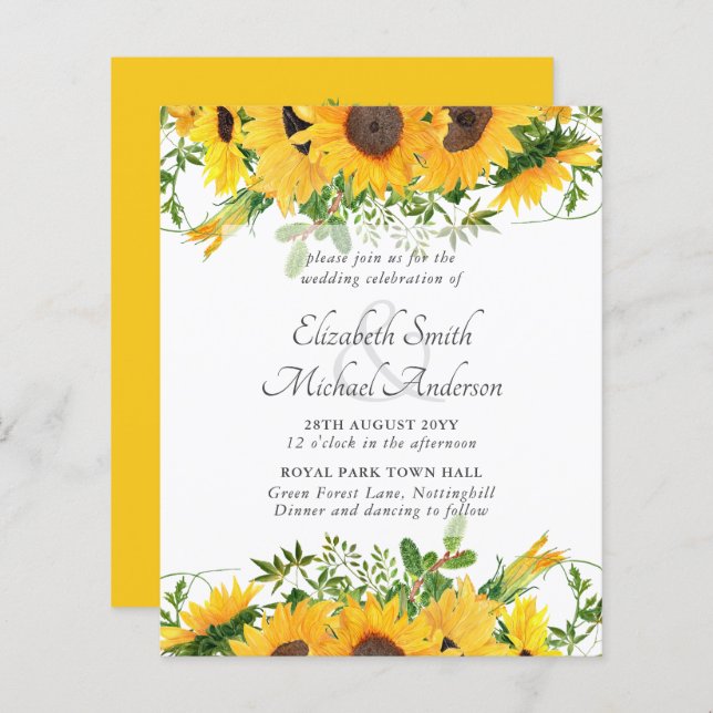 Rustic Sunflower Themed Wedding Stationery Budget (Front/Back)