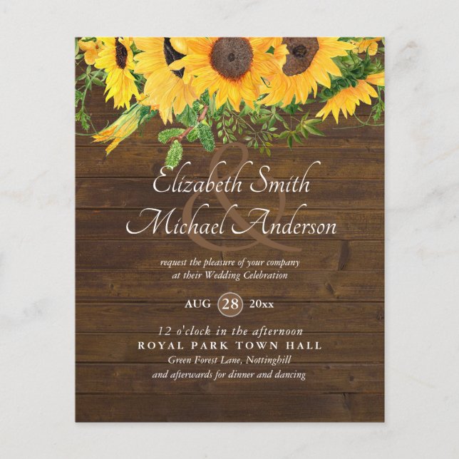 Rustic Sunflower Themed Wedding Stationery Budget (Front)