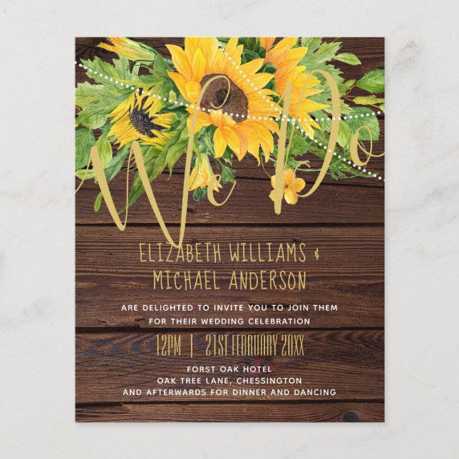 Rustic Sunflower Themed Wedding Stationery Budget (Front)