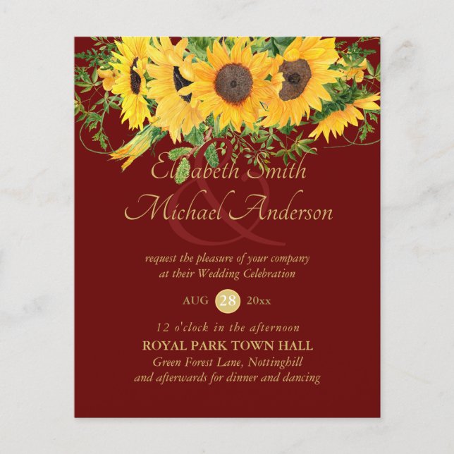 Rustic Sunflower Themed Wedding Stationery Budget (Front)