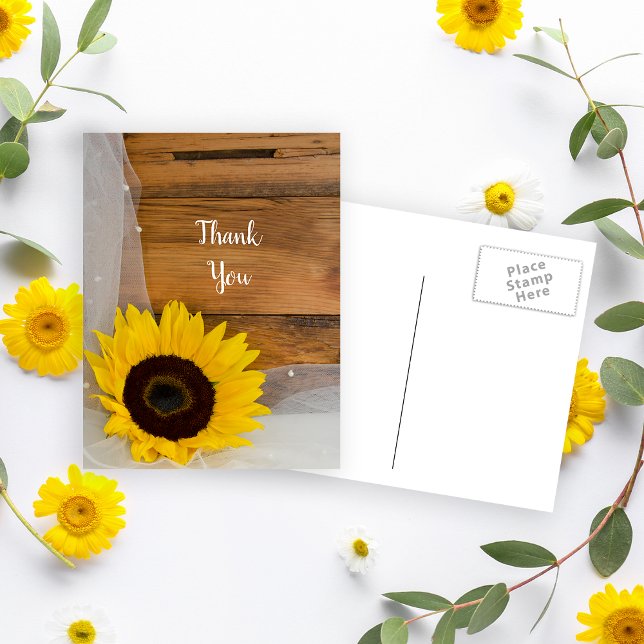 Rustic Sunflower Veil Country Wedding Thank You Postcard (Creator Uploaded)