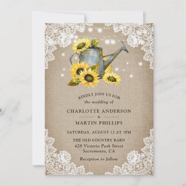 Rustic Sunflower Vintage Burlap and Lace Wedding Invitation (Front)