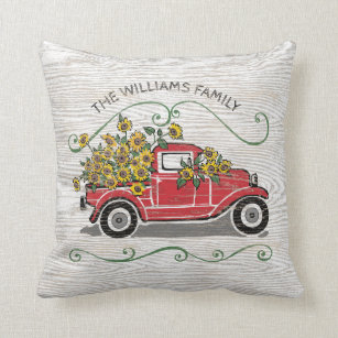 Rustic Sunflower Vintage Red Truck Family Name Cushion