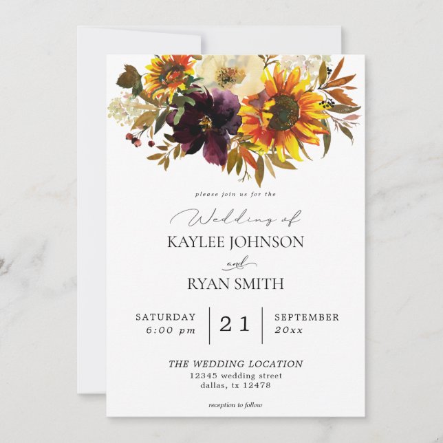 Rustic Sunflower & Violet Purple Floral  Wedding Invitation (Front)