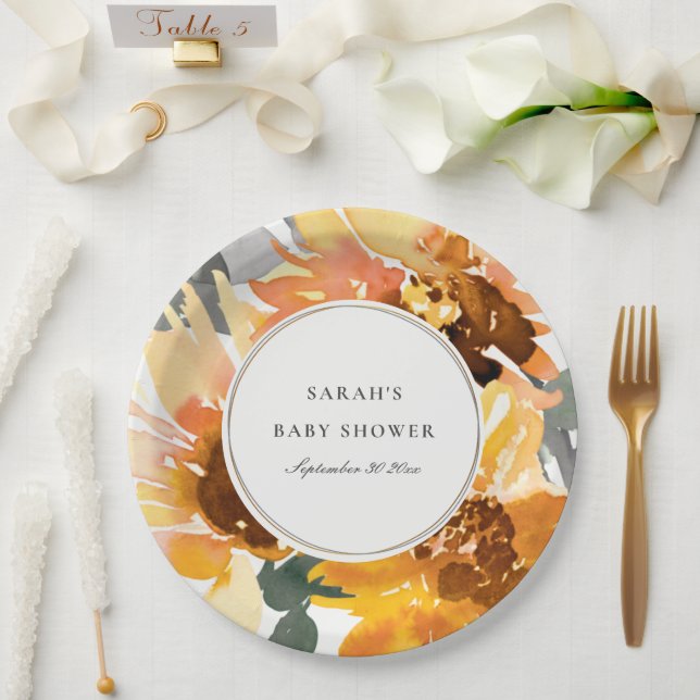 Rustic Sunflower Watercolor Floral Baby Shower Paper Plate (Wedding)