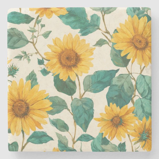 Rustic Sunflower Watercolor Floral Farmhouse Stone Coaster (Front)