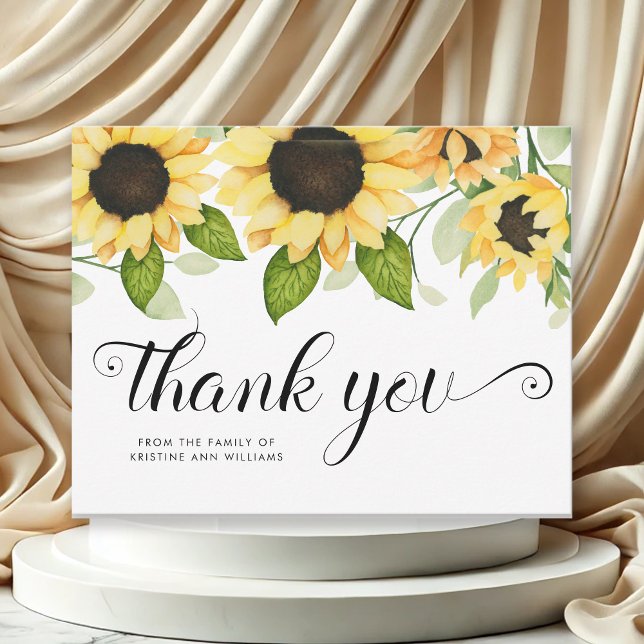 Rustic Sunflower Watercolor Floral Sympathy Thank You Card (Elegant Yellow Sunflower Watercolor Floral  Custom Name Sympathy Thank You Card)