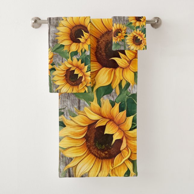 Rustic Sunflower & Weathered Gray Barnboard Bath Towel Set (Insitu)