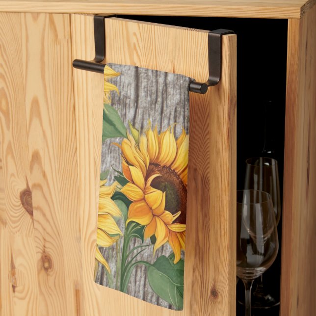 Rustic Sunflower & Weathered Gray Barnboard Tea Towel (Thirds Fold)