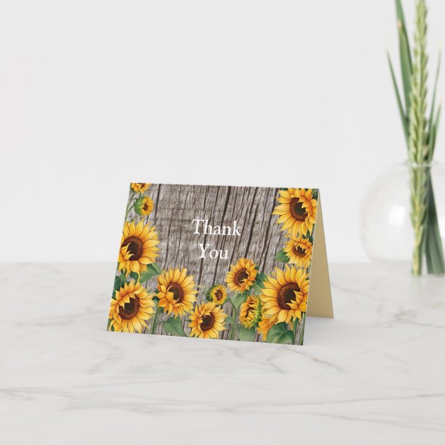 Rustic Sunflower & Weathered Gray Barnboard Thank You Card (Front)