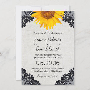 Rustic Sunflower Wedding Black Laced Elegant Linen Invitation