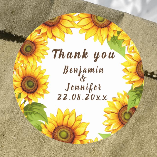 Rustic Sunflower wedding  Classic Round Sticker (Creator Uploaded)