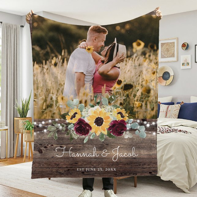 Rustic Sunflower Wedding Couple Photo Fleece Blanket (Creator Uploaded)
