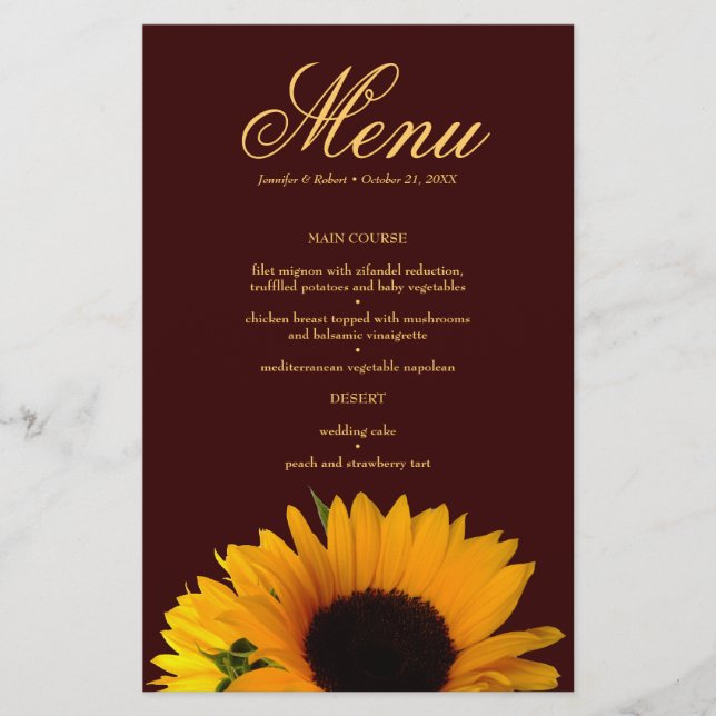 Rustic Sunflower Wedding Dinner Menu Card (Front)