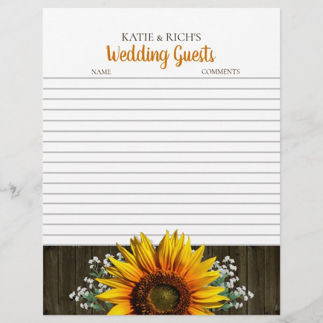 Rustic Sunflower Wedding Guestbook Paper (Front)