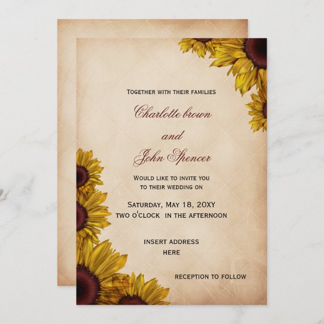 Rustic Sunflower Wedding Invitations (Front/Back)