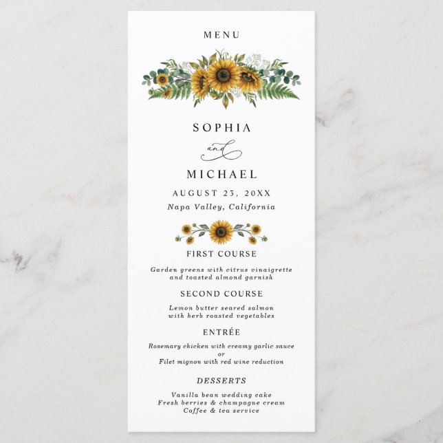 Rustic Sunflower Wedding Menu (Front)