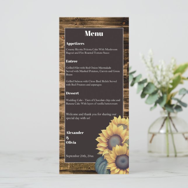Rustic Sunflower Wedding Menu (Standing Front)