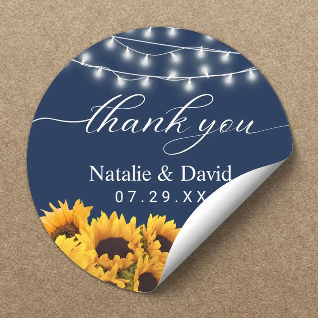 Rustic Sunflower Wedding Navy Blue Thank You  Classic Round Sticker (Creator Uploaded)