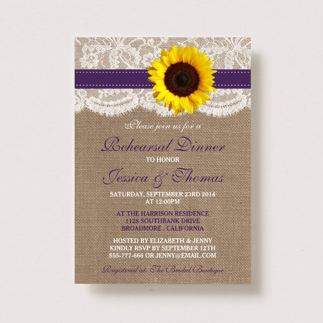 Rustic Sunflower Wedding Rehearsal Dinner - Purple Invitation (Creator Uploaded)