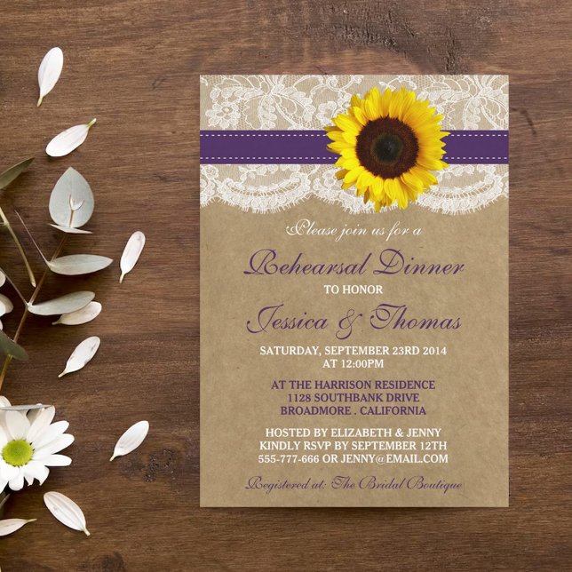 Rustic Sunflower Wedding Rehearsal Dinner - Purple Invitation (Creator Uploaded)