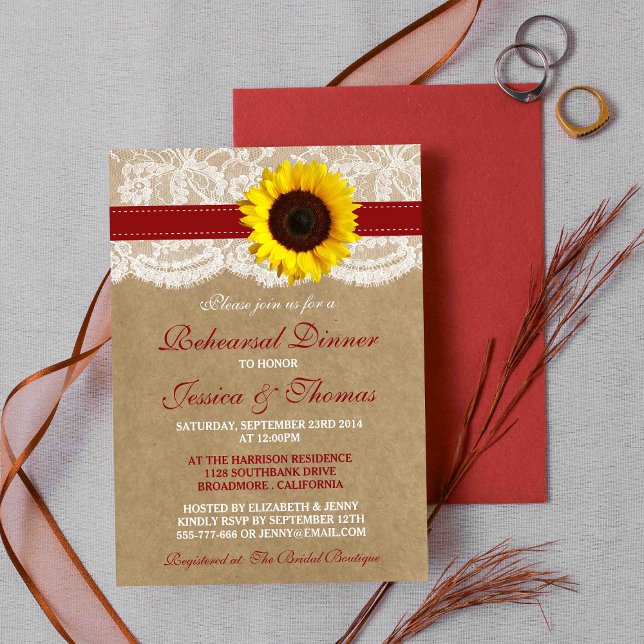 Rustic Sunflower Wedding Rehearsal Dinner - Red Invitation (Creator Uploaded)