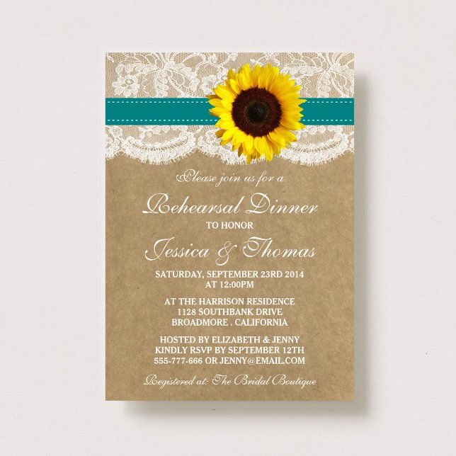Rustic Sunflower Wedding Rehearsal Dinner - Teal Invitation (Creator Uploaded)