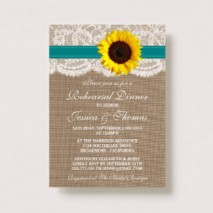 Rustic Sunflower Wedding Rehearsal Dinner - Teal Invitation