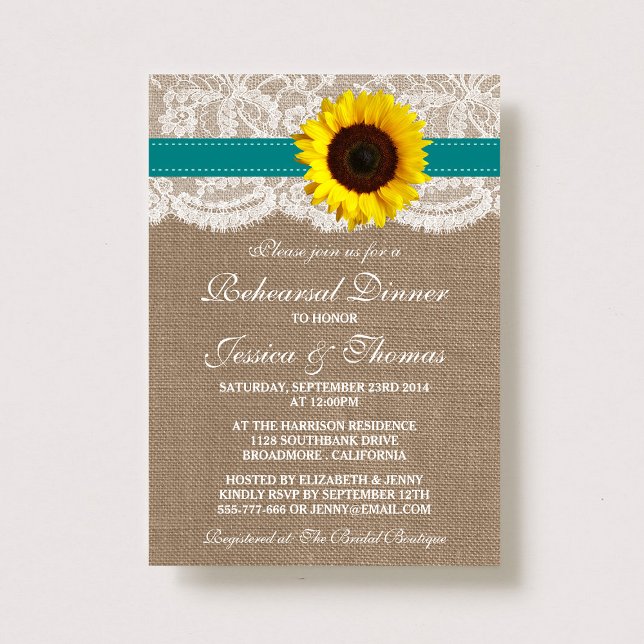 Rustic Sunflower Wedding Rehearsal Dinner - Teal Invitation (Creator Uploaded)