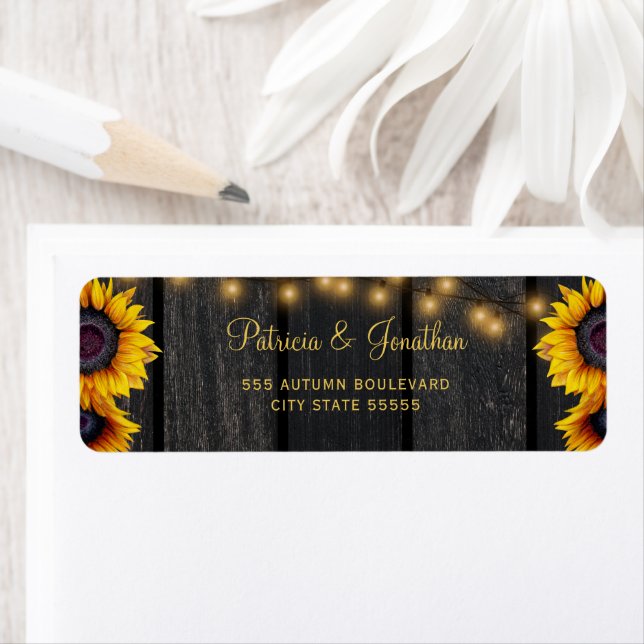 Rustic sunflower wedding wood return address  (Insitu)