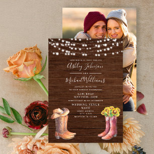 Rustic Sunflower Western Typography Photo Wedding Invitation