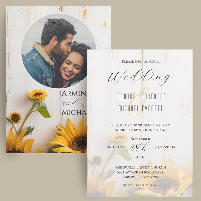 Rustic Sunflower White Barn Wood Photo Wedding Invitation (A rustic white barn wood wedding invitation with sunflowers, elegant script fonts, and a photo.)
