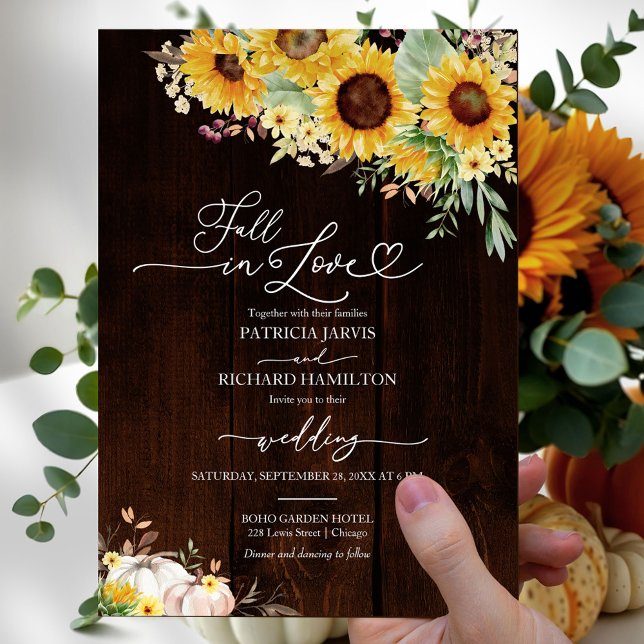 Rustic Sunflower White Pumpkin Wood Fall Wedding Invitation (Creator Uploaded)