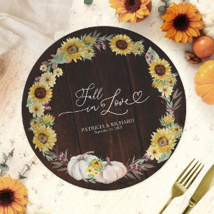 Rustic Sunflower White Pumpkin Wood Fall Wedding Paper Plate