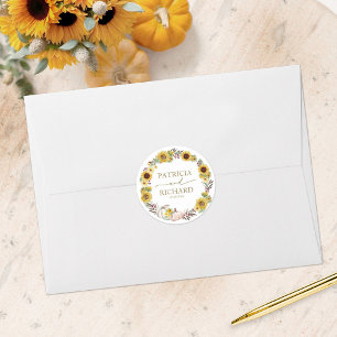 Rustic Sunflower White Pumpkin Wreath Wedding Classic Round Sticker