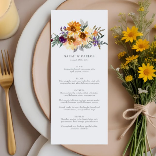 Rustic Sunflower Wildflower Yellow Purple Wedding Menu (Creator Uploaded)