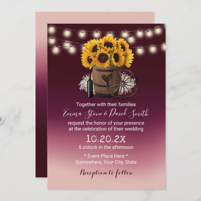 Rustic Sunflower Wine Barrel Burgundy Red Wedding  Invitation (Front/Back)
