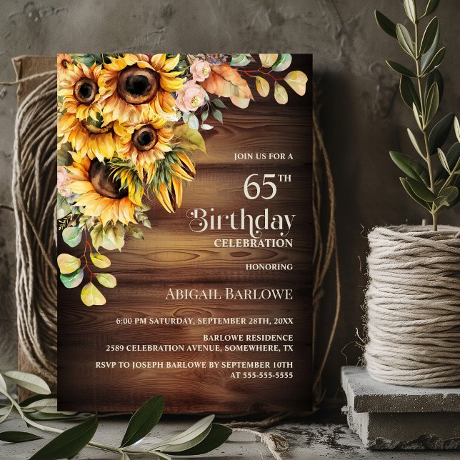 Rustic Sunflower Wood 65th Birthday Party Invitation (Creator Uploaded)