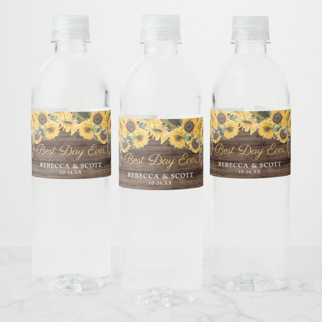 Rustic Sunflower Wood Barn Best Day Ever Wedding Water Bottle Label (Bottles)