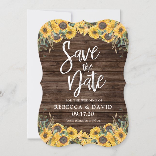 Rustic Sunflower Wood Barn Wedding Save the Dates Invitation (Front)